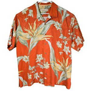 Tommy Bahama Mens XL Orange Tropical Hawaiian Shirt Silk Floral Short Sleeve